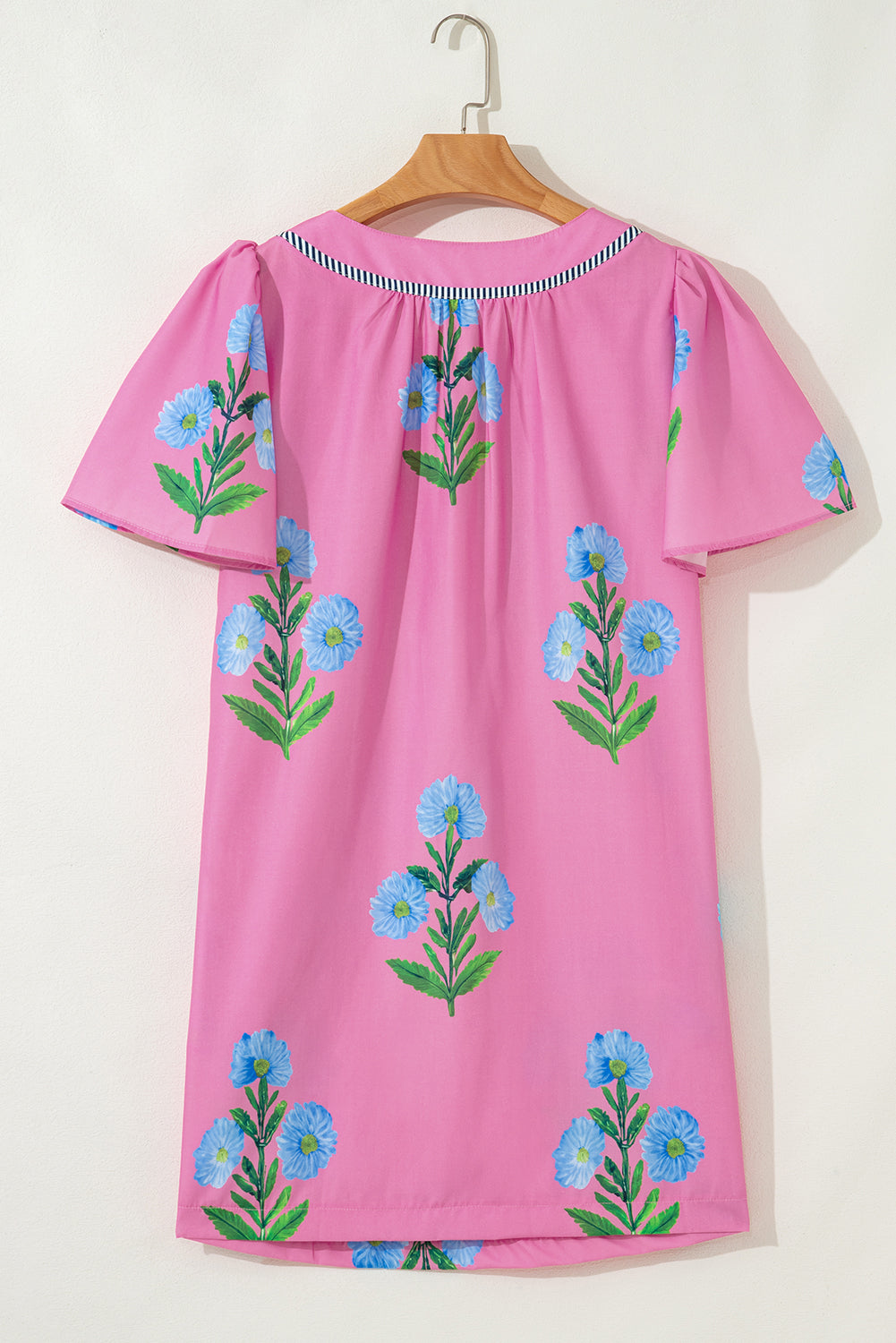Rose Floral Short Sleeve Split Neck Loose Mini Dress Floral Dresses JT's Designer Fashion