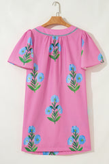 Rose Floral Short Sleeve Split Neck Loose Mini Dress Floral Dresses JT's Designer Fashion