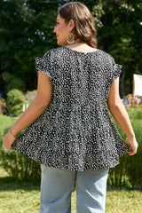 Black Leopard Print Ruffled Short Sleeve Keyhole Back Tiered Flowy Plus Size Blouse Plus Size Blouses & Shirts JT's Designer Fashion