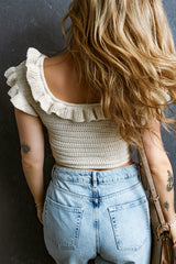 Beige Ruffled Short Sleeve U Neck Textured Sheath Crop Top Sweaters & Cardigans JT's Designer Fashion