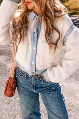 White Contrast Trim Buttoned Sherpa Jacket Jackets JT's Designer Fashion