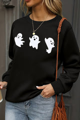 Black Halloween Ghosts Print Round Neck Sweatshirt Graphic Sweatshirts JT's Designer Fashion
