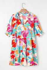 Rose Red Floral Bubble Sleeve V Neck Tiered Ruffle Babydoll Dress Floral Dresses JT's Designer Fashion