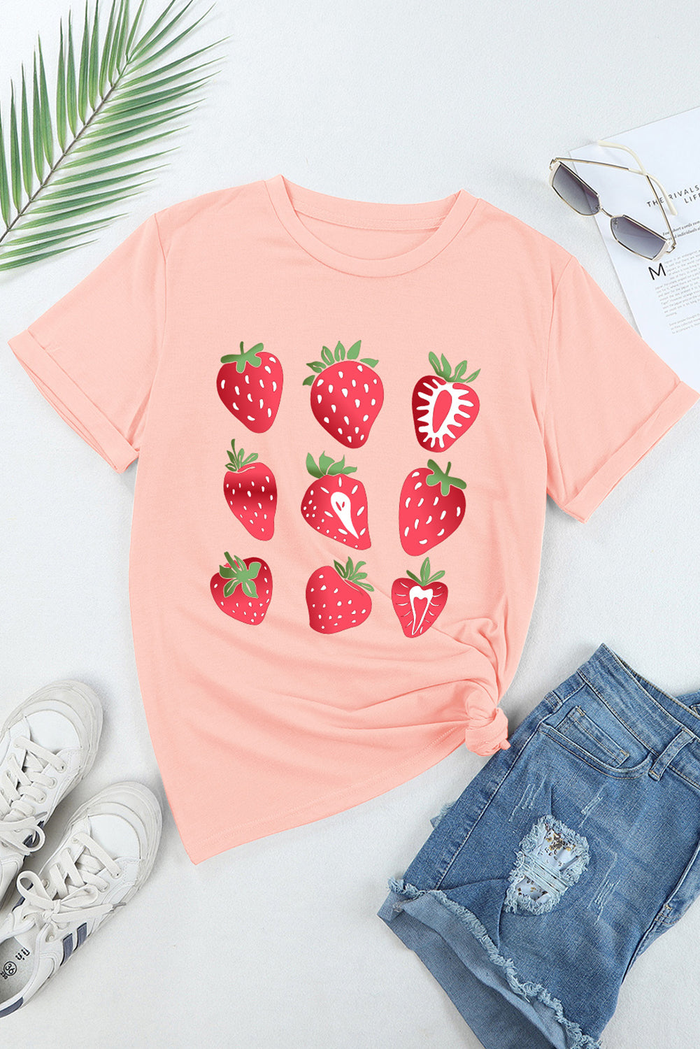 Pink Strawberry Fruit Pattern Graphic Tee Graphic Tees JT's Designer Fashion