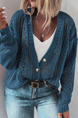 Real Teal Open Knit V Neck Button Front Drop Shoulder Plus Size Cardigan Plus Size Sweaters & Cardigans JT's Designer Fashion