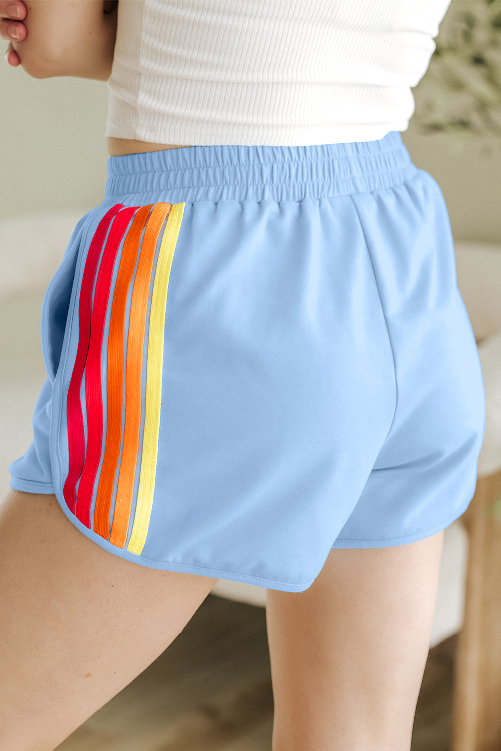 Beau Blue Color Block Stripes Elastic High Waist Active Shorts Casual Shorts JT's Designer Fashion