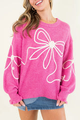 Bright Pink Corded Flower Bow Ribbed Trim Casual Sweater Sweaters JT's Designer Fashion