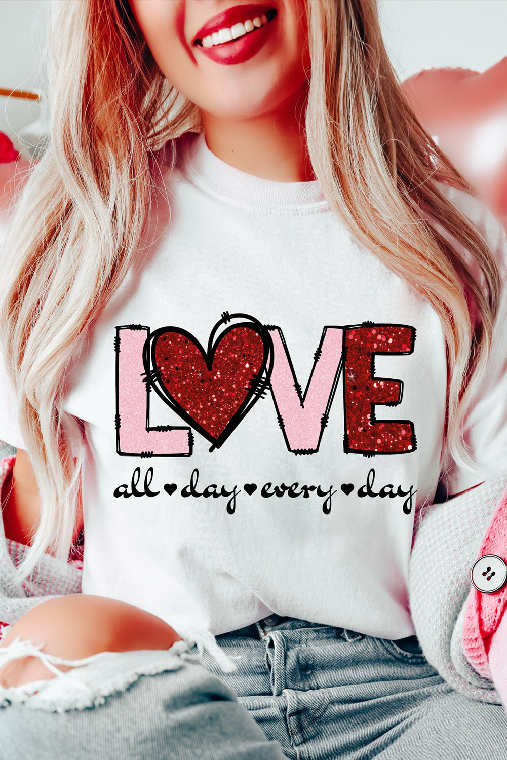 White Valentine LOVE Heart Shape Crew Neck Graphic Tee Graphic Tees JT's Designer Fashion
