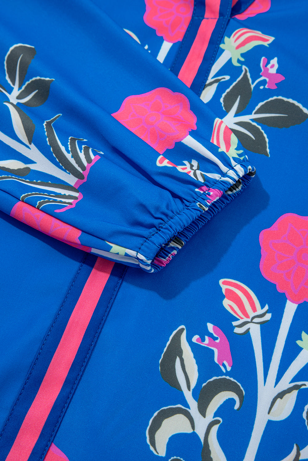 Blue Floral Print Contrast Striped Trim Notched Neck Long Sleeve Blouse Blouses & Shirts JT's Designer Fashion