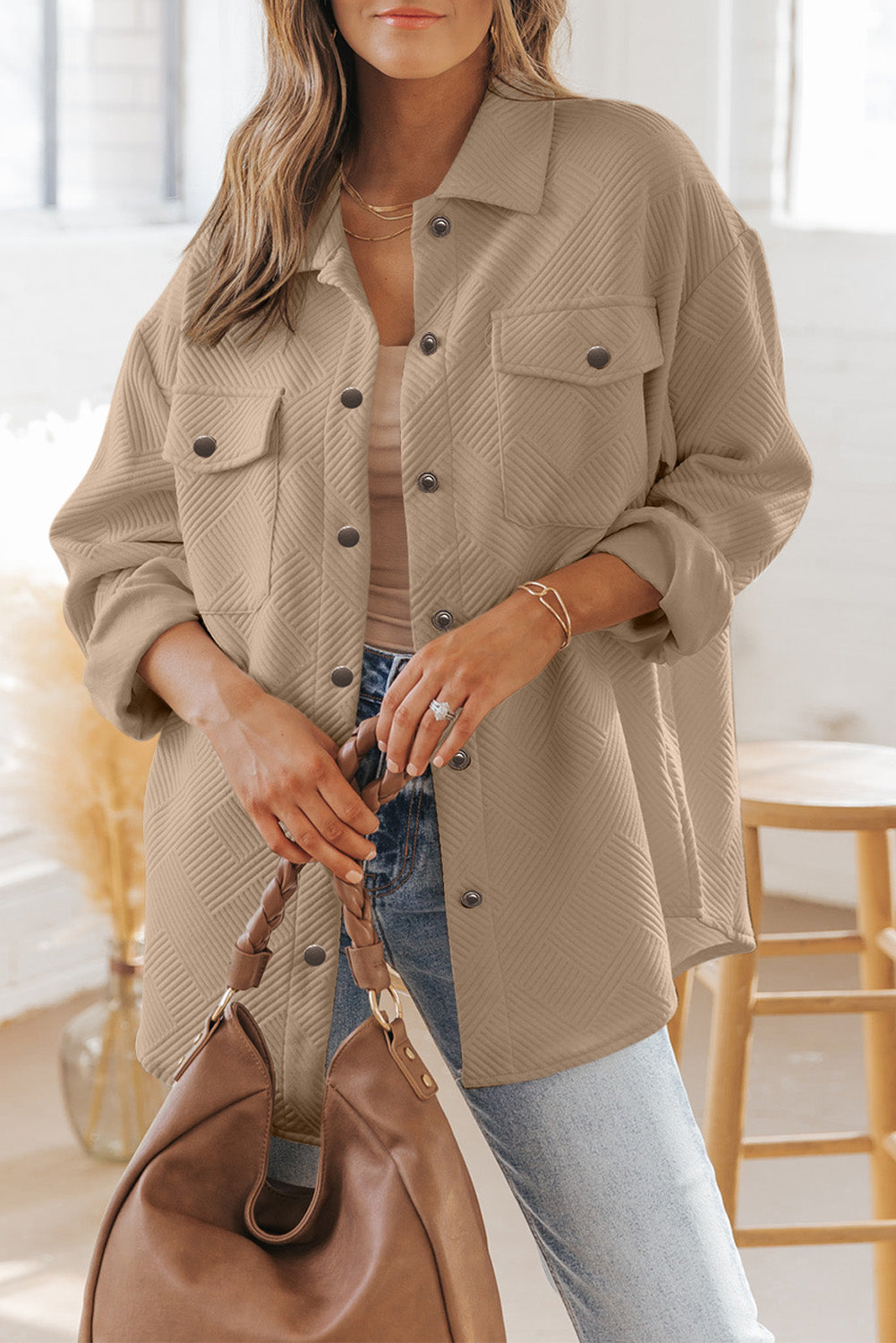 Khaki Solid Textured Flap Pocket Buttoned Shacket Khaki 95%Polyester+5%Elastane Jackets JT's Designer Fashion