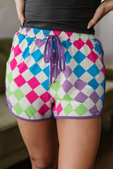 Multicolour Checkered Drawstring Elastic Waist Casual Shorts Multicolour 95%Polyester+5%Elastane Casual Shorts JT's Designer Fashion