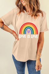 Khaki Love is Love Rainbow Heart Printed Cotton Blend T Shirt Graphic Tees JT's Designer Fashion