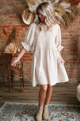 White Textured Ruffled Puff Sleeve Loose Dress Mini Dresses JT's Designer Fashion