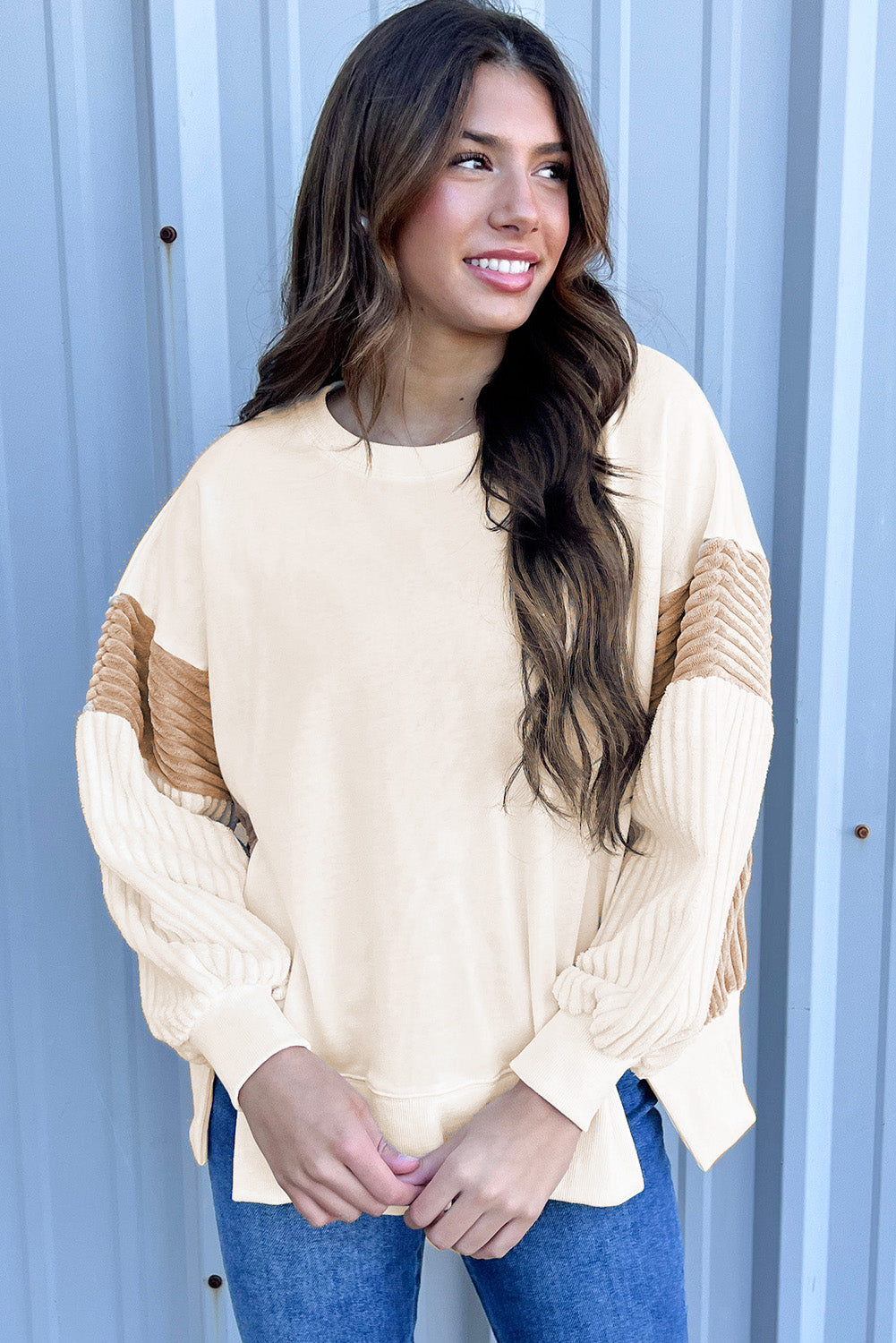 Apricot Corduroy Patchwork Drop Shoulder Long Sleeve Sweatshirt Sweatshirts & Hoodies JT's Designer Fashion