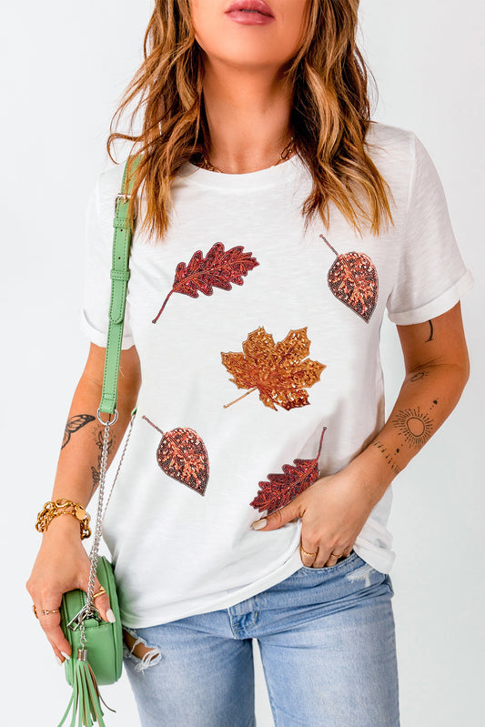 White Halloween Sequined Leaves Graphic Crew Neck T Shirt Graphic Tees JT's Designer Fashion