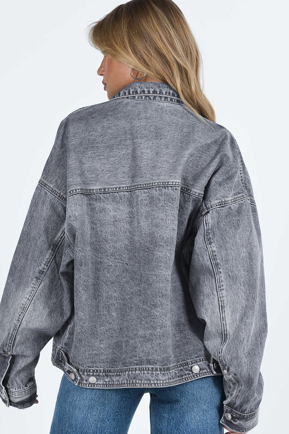 Gray Chest Pockets Drop Shoulder Loose Denim Jacket Denim Jackets JT's Designer Fashion