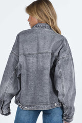 Gray Chest Pockets Drop Shoulder Loose Denim Jacket Denim Jackets JT's Designer Fashion