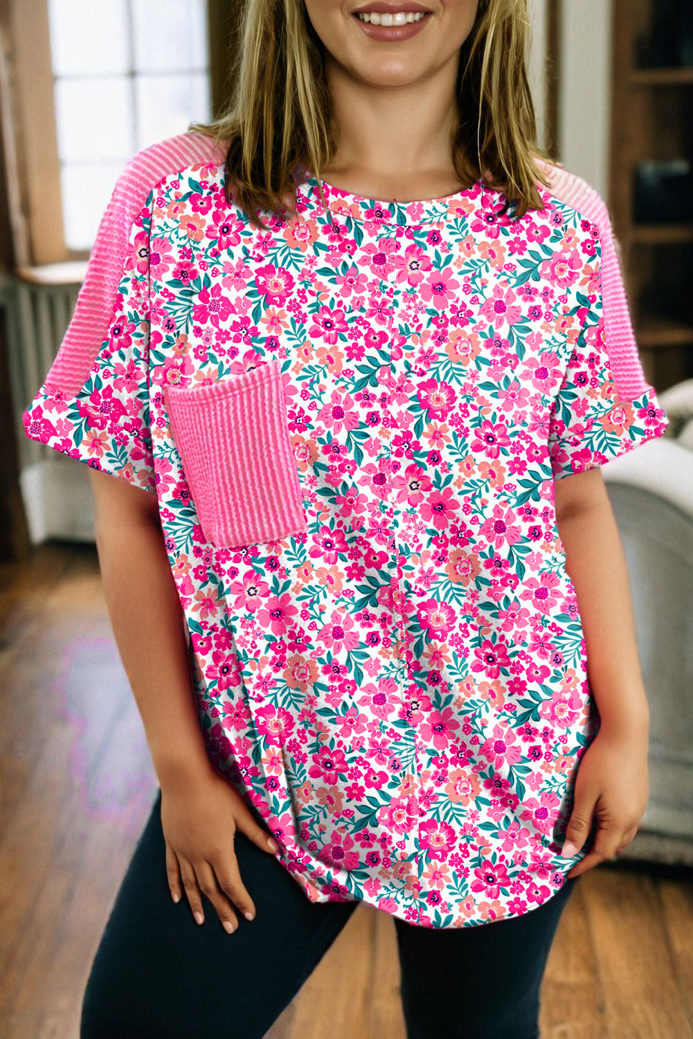 Pink Plus Size Floral Print Corded Patchwork Loose Top Pink 95%Polyester+5%Elastane Plus Size Tops & Tees JT's Designer Fashion