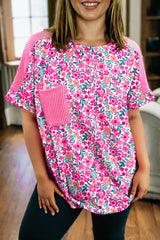 Pink Plus Size Floral Print Corded Patchwork Loose Top Plus Size Tops & Tees JT's Designer Fashion
