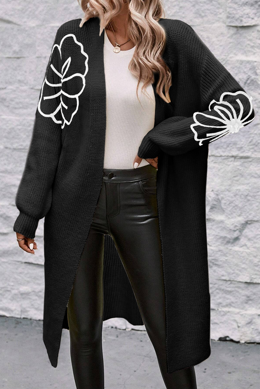 Black Flower Embroidered Drop Shoulder Open Front Duster Cardigan Black 100%Acrylic Cardigans JT's Designer Fashion