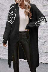 Black Flower Embroidered Drop Shoulder Open Front Duster Cardigan Black 100%Acrylic Cardigans JT's Designer Fashion