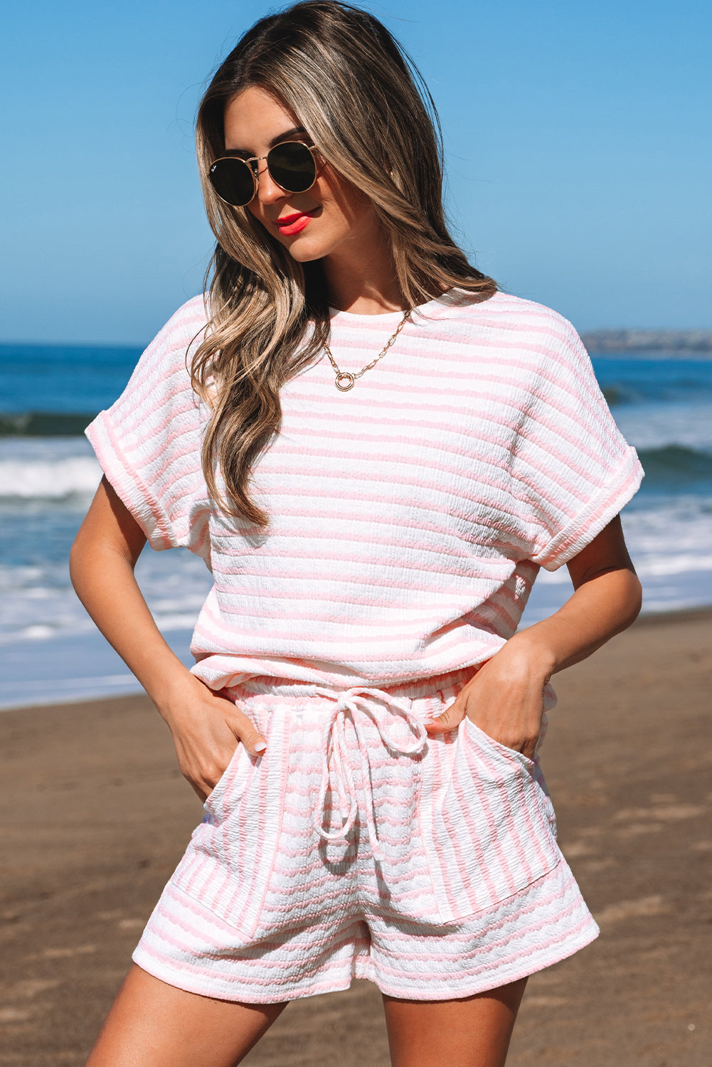 Pink Stripe Knitted Short Sleeve Top and Drawstring Shorts Set Short Sets JT's Designer Fashion