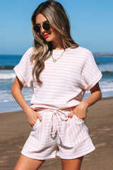 Pink Stripe Knitted Short Sleeve Top and Drawstring Shorts Set Short Sets JT's Designer Fashion