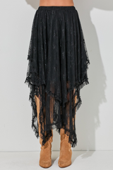 Black Lace Cascading Tiered High Waist Maxi Skirt Bottoms JT's Designer Fashion