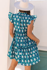 Blue Retro Floral Print Split Neck Ruffle Short Sleeve Dress Floral Dresses JT's Designer Fashion