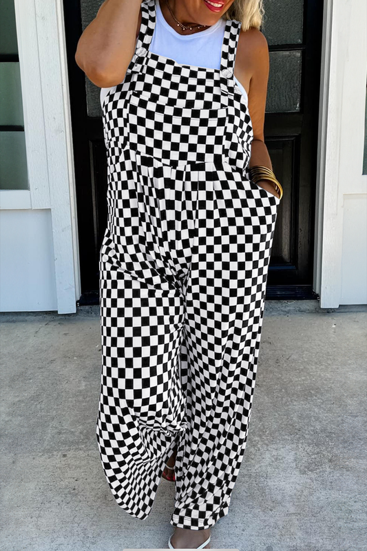 Black Checkered Print Pocketed Wide Leg Jumpsuit Black 95%Polyester+5%Elastane Jumpsuits & Rompers JT's Designer Fashion