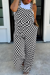 Black Checkered Print Pocketed Wide Leg Jumpsuit Black 95%Polyester+5%Elastane Jumpsuits & Rompers JT's Designer Fashion
