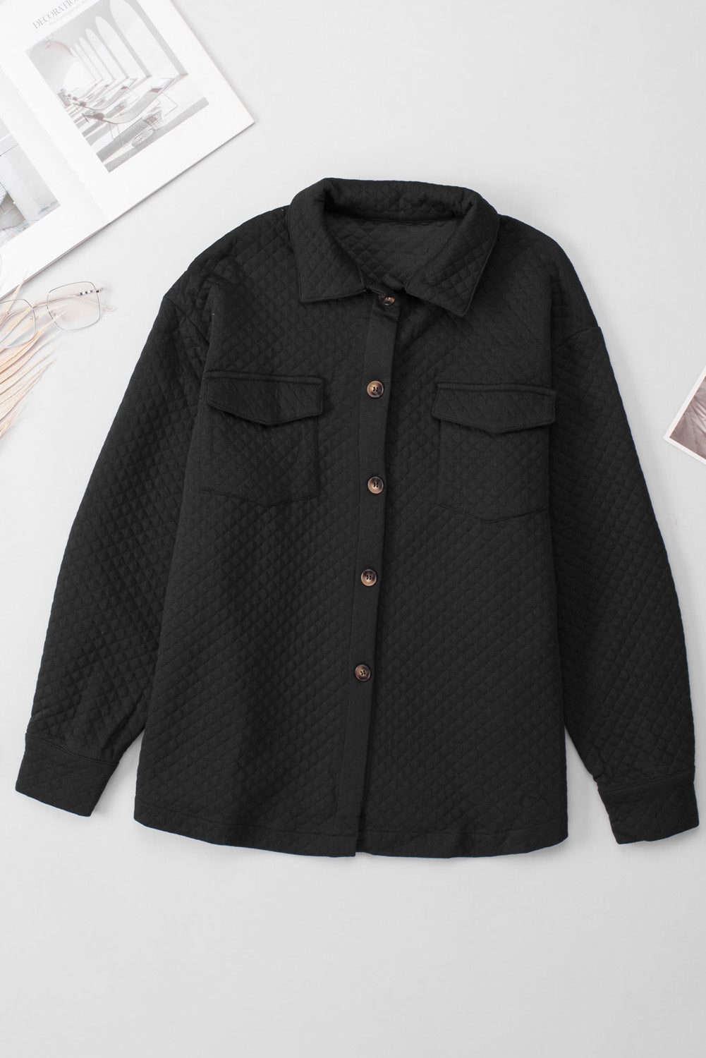Black Retro Quilted Flap Pocket Button Shacket Jackets JT's Designer Fashion