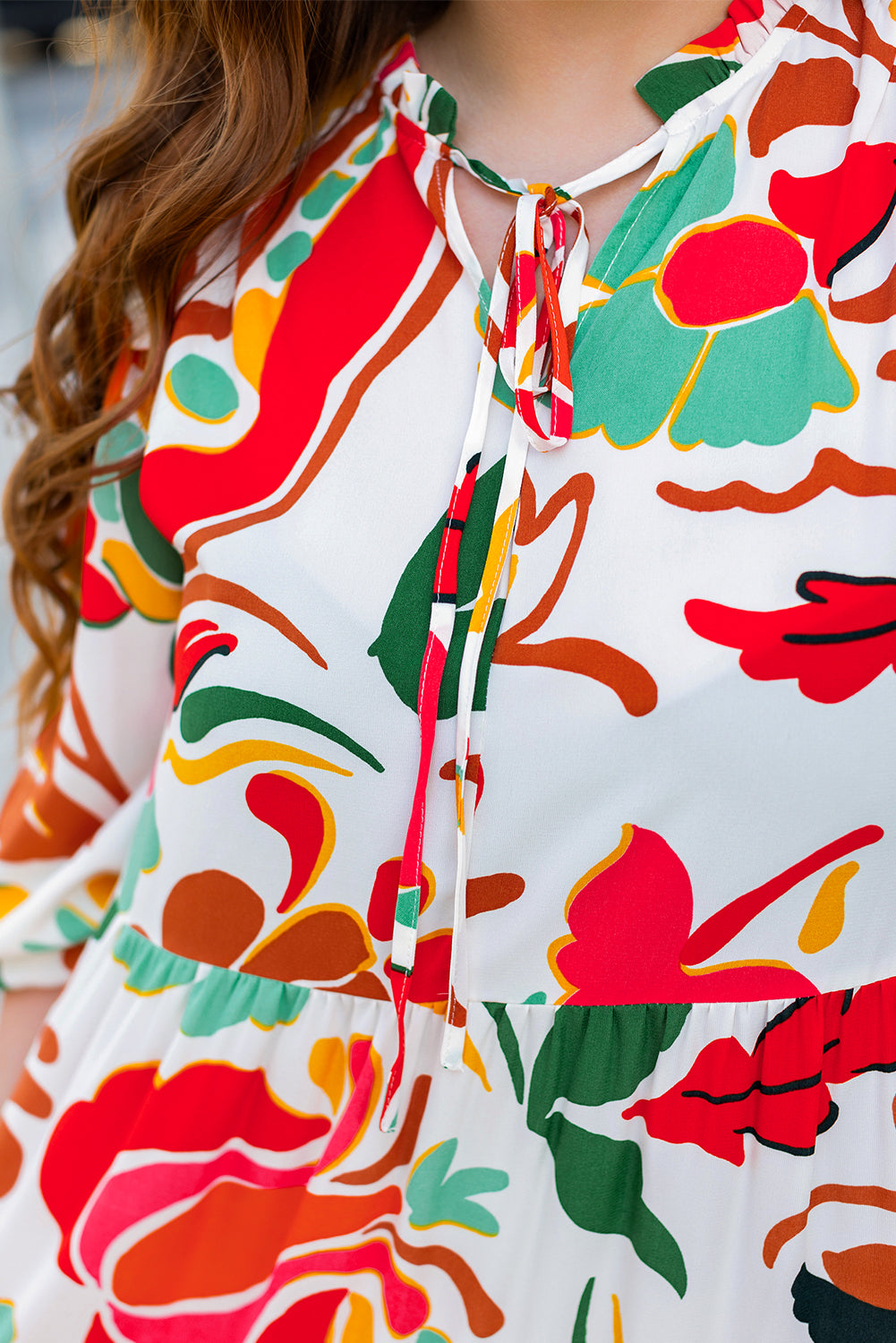 Orange Floral Print Drawstring V Neck Tiered Plus Size Dress Plus Size Maxi Dresses JT's Designer Fashion
