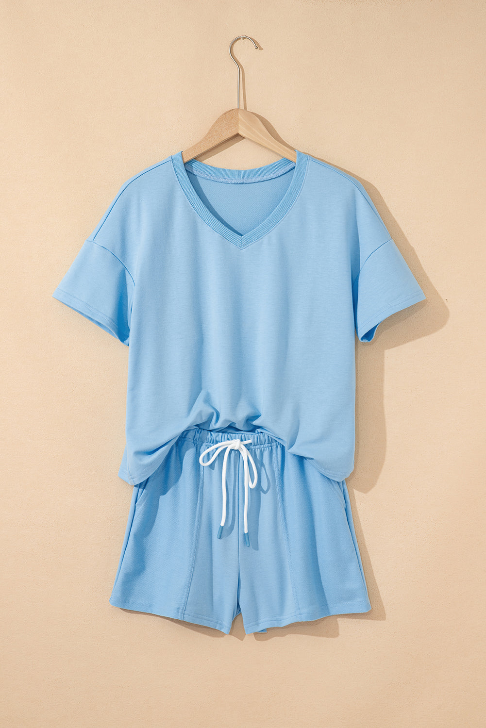 Myosotis V Neck Drop Shoulder Tee and Patchwork Drawstring Elastic Waistband Shorts Set Short Sets JT's Designer Fashion