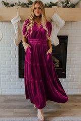 Red Dahlia Velvet Short Sleeve Shirred Waist Tiered Long Dress Maxi Dresses JT's Designer Fashion