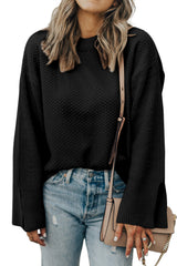 Black Solid Textured Knit Split Cuff Drop Shoulder Loose Sweater Sweaters JT's Designer Fashion