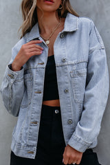 Sky Blue Stripe Washed Oversize Pocketed Denim Jacket Sky Blue Stripe 75%Cotton+25%Polyester Denim Jackets JT's Designer Fashion