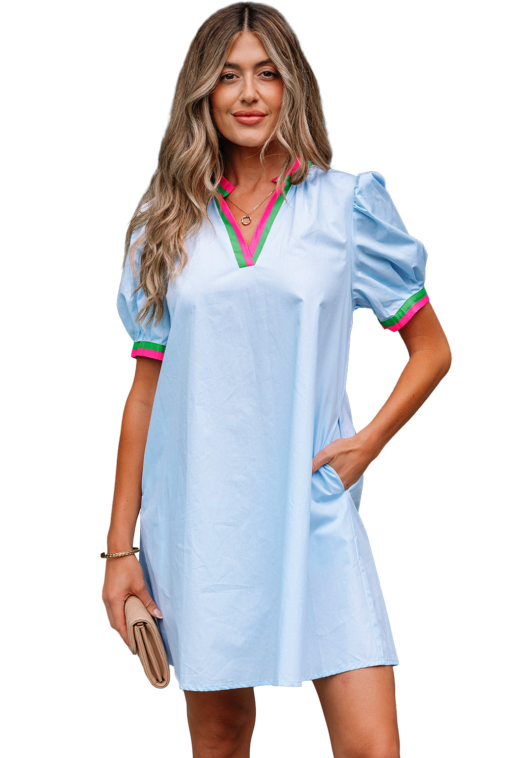 Myosotis Contrast Striped Notched V Neck Puff Sleeve Mini Dress Mini Dresses JT's Designer Fashion