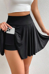 Black A-line Draped High Waist Phone Pocket Lined Skort Black 93%Viscose+7%Elastane Casual Shorts JT's Designer Fashion
