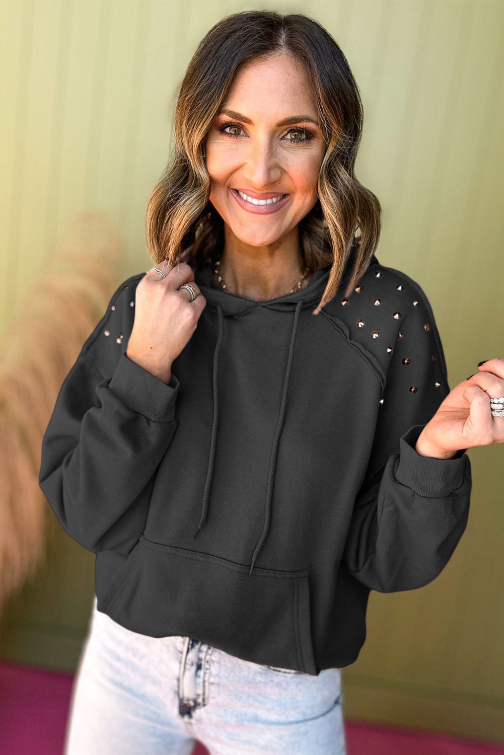 Black Solid Color Rivet Stud Raglan Sleeve Hoodie with Pocket Sweatshirts & Hoodies JT's Designer Fashion