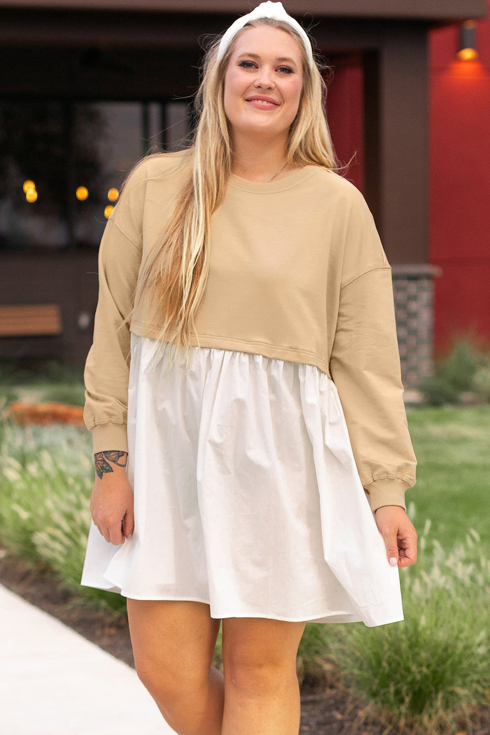 Apricot Color Block Patchwork Ruffled Plus Size Mini Dress Apricot 72%Cotton+26%Polyester+2%Elastane Plus Size Mini Dresses JT's Designer Fashion