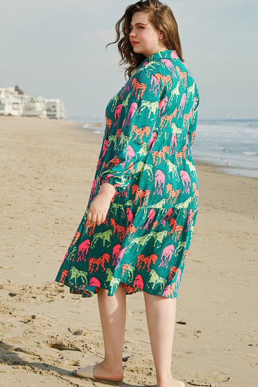 Green Horse Printed Long Sleeve Collared Buttoned Plus Size Midi Dress Plus Size Midi Dresses JT's Designer Fashion