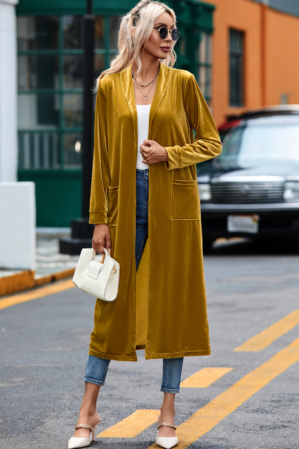 Yellow Velvet Open Front Pocketed Long Duster Sweaters & Cardigans JT's Designer Fashion