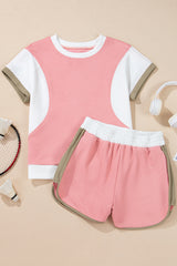 Pink Textured Colorblock Patchwork Tee Two Piece Shorts Set Short Sets JT's Designer Fashion