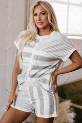 Gray Stripe Mixed Print Short Sleeve Top and Pocketed Shorts Set Short Sets JT's Designer Fashion