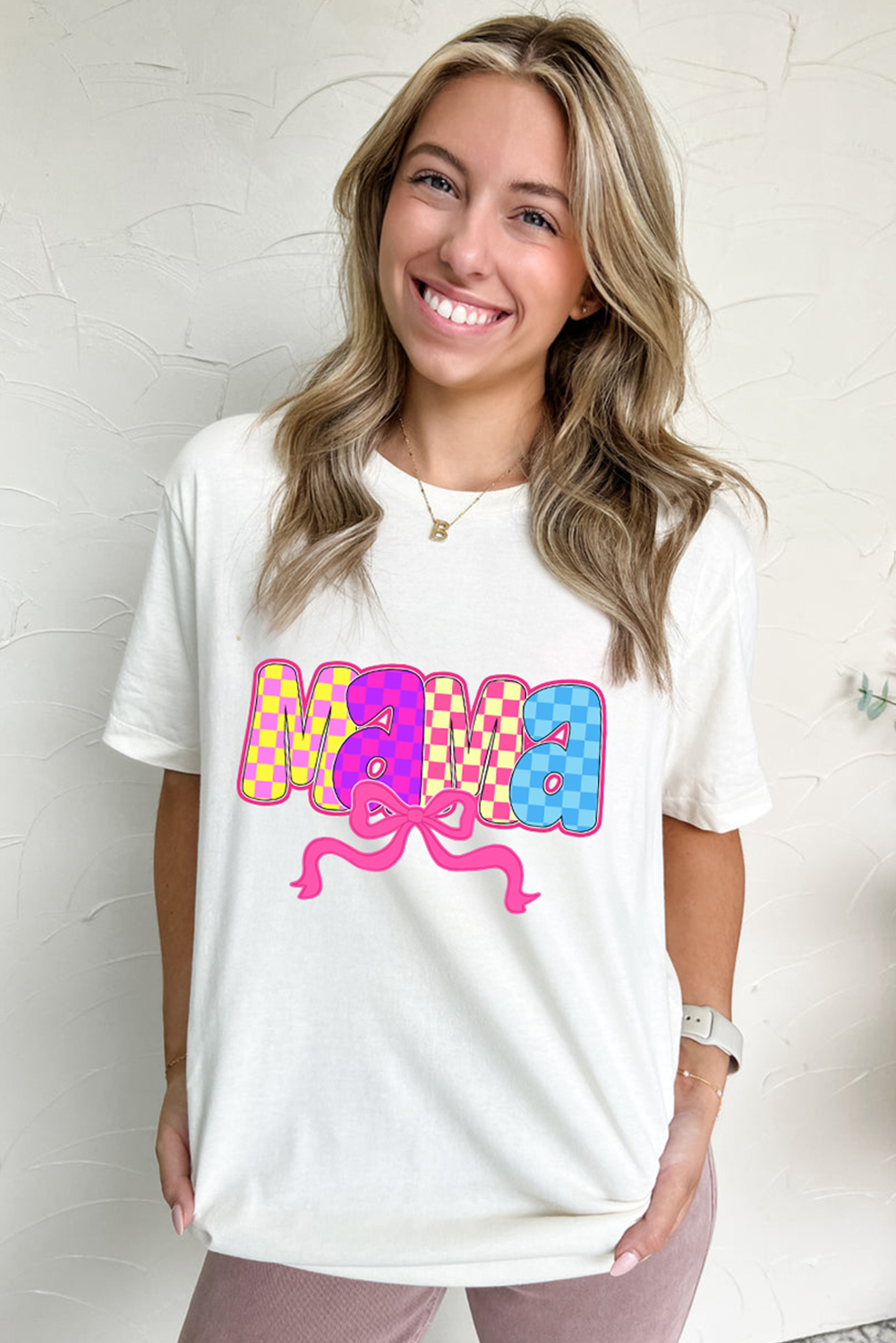 White MAMA Checkered Bow Knot Print Crewneck T Shirt Graphic Tees JT's Designer Fashion