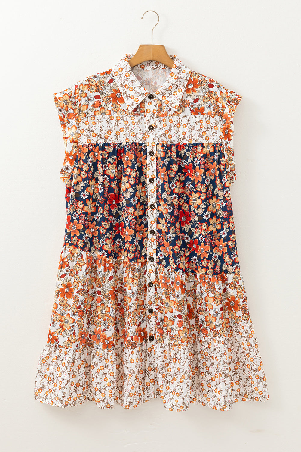Beige Plus Size Floral Patchwork Button Front Collared Mini Dress Plus Size Mini Dresses JT's Designer Fashion