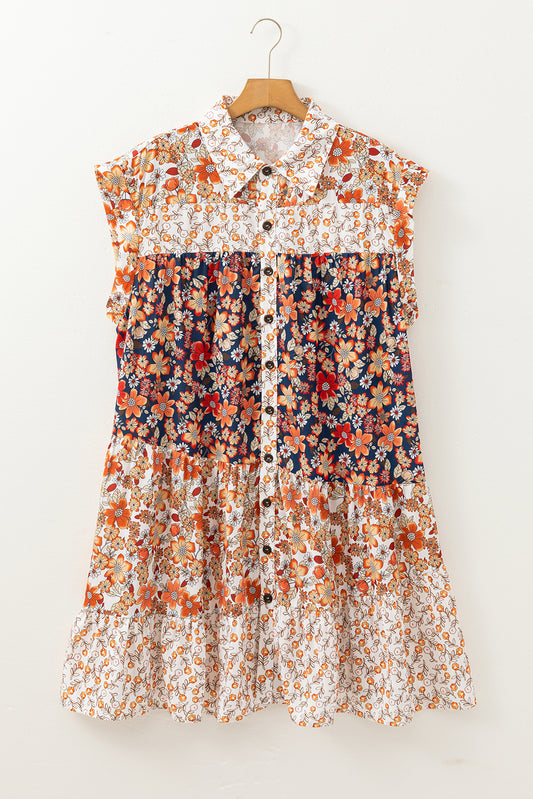 Beige Plus Size Floral Patchwork Button Front Collared Mini Dress Plus Size Mini Dresses JT's Designer Fashion
