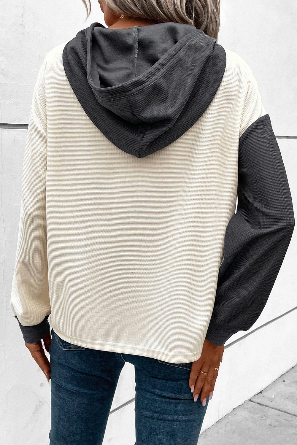 Dark Grey Waffle Colorblock Buttons Placket Drop Shoulder Drawstring Hoodie Sweatshirts & Hoodies JT's Designer Fashion