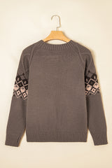 Light French Beige Western Geometric Patterned Crew Neck Knitted Sweater Sweaters JT's Designer Fashion